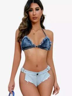 Low Rise Fringed Denim Hot Shorts Adjustable Buckle Raw Hem Micro Mini Shorts