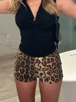 Low Rise Shiny Leopard Print Micro Booty Shorts Wet Look Faux Leather Y2K Club Mini Hot Pants