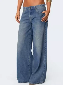 Low Rise Wide Leg Baggy Jeans For Women - Medium Wash Vintage Y2K Loose Fit Denim - Summer Casual Streetwear 2026