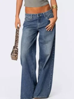 Low Rise Wide Leg Baggy Jeans For Women - Medium Wash Vintage Y2K Loose Fit Denim - Summer Casual Streetwear 2026