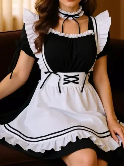 Maid Costume Women's Servant Girl Ruffled Black Classic French Maid Dress With Choker