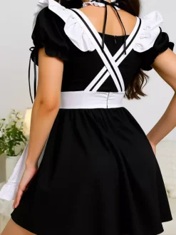 Maid Costume Women's Servant Girl Ruffled Black Classic French Maid Dress With Choker