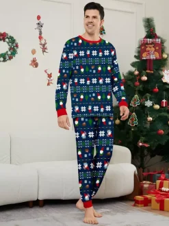 Matching Family Christmas Print Pajamas In Deep Navy And Red Trim 2026