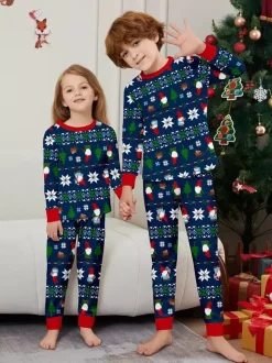 Matching Family Christmas Print Pajamas In Deep Navy And Red Trim 2026