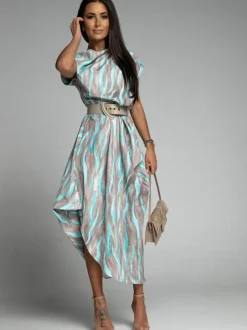 Maxi Dress Bateau Neck Short Sleeves Stripes Floor Length Dress