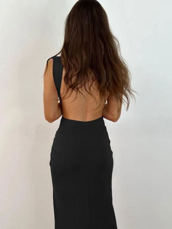 Maxi Dress V-Neck Sleeveless Sexy High-slit Pleated Floor Length Dress