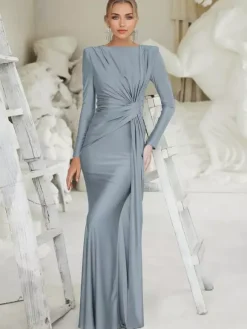Maxi Dress With Knotted Waist Long Sleeve Pleated Semi-Formal Party Long Dress For Women 2026