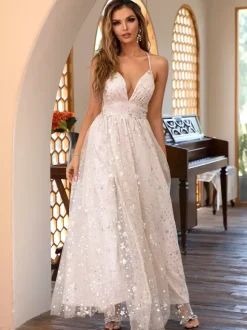 Maxi Party Dress With Star Decals V-neck A-line High-slit Slip Dress For Women 2026