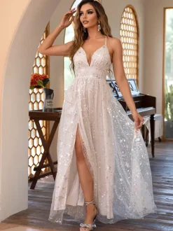 Maxi Party Dress With Star Decals V-neck A-line High-slit Slip Dress For Women 2026