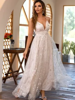 Maxi Party Dress With Star Decals V-neck A-line High-slit Slip Dress For Women 2026