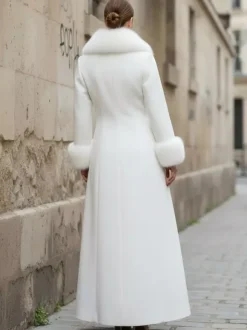 Maxi White Woolen Coat with Faux Fur Collar And Cuffs For Women 2026