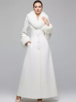 Maxi White Woolen Coat with Faux Fur Collar And Cuffs For Women 2026