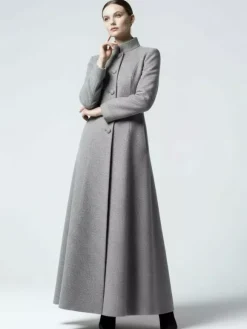 Maxi Wool Blend A-Line Coat with Stand Collar For Women 2026