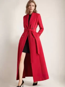 Maxi Woolen Coat For Women Double-breasted Large Lapel Belted A-line Full Length Winter Outerwear 2026