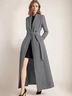 Maxi Woolen Coat For Women Double-breasted Large Lapel Belted A-line Full Length Winter Outerwear 2026