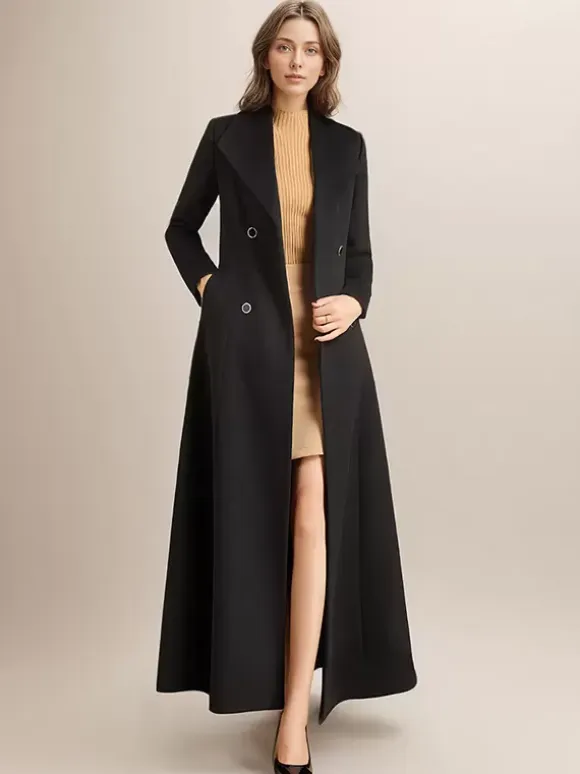 Maxi Woolen Coat For Women Double-breasted Large Lapel Belted A-line Full Length Winter Outerwear 2026