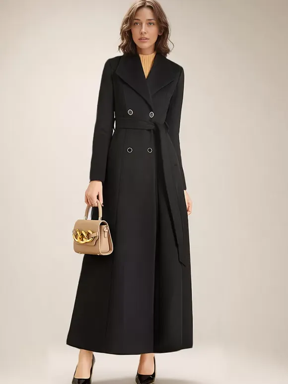 Maxi Woolen Coat For Women Double-breasted Large Lapel Belted A-line Full Length Winter Outerwear 2026