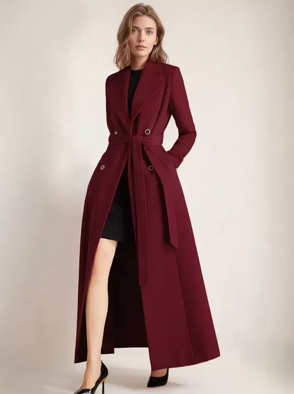 Maxi Woolen Coat For Women Double-breasted Large Lapel Belted A-line Full Length Winter Outerwear 2026