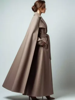 Maxi Double-breasted Woolen Coat With Detachable Cape And Belt For Women 2026