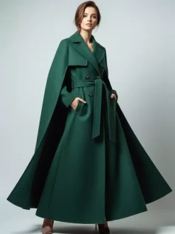 Maxi Double-breasted Woolen Coat With Detachable Cape And Belt For Women 2026