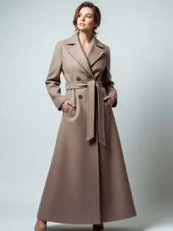 Maxi Double-breasted Woolen Coat With Detachable Cape And Belt For Women 2026