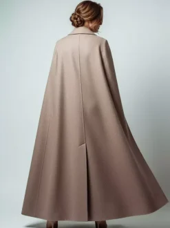 Maxi Double-breasted Woolen Coat With Detachable Cape And Belt For Women 2026