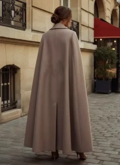 Maxi Double-breasted Woolen Coat With Detachable Cape And Belt For Women 2026