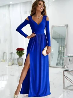 Maxi Dress V-Neck Cold Shoulder Layered Cut Out Sexy Slit Prom Dress