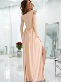 Maxi Dress V-Neck Cold Shoulder Layered Cut Out Sexy Slit Prom Dress