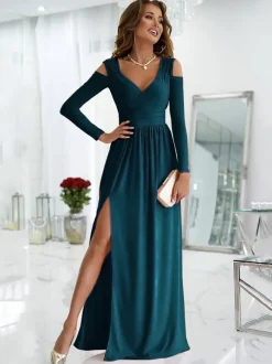 Maxi Dress V-Neck Cold Shoulder Layered Cut Out Sexy Slit Prom Dress