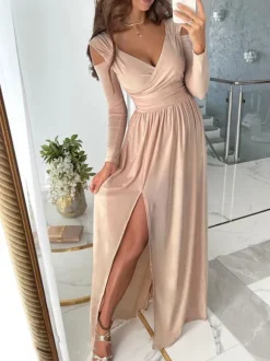 Maxi Dress V-Neck Cold Shoulder Layered Cut Out Sexy Slit Prom Dress
