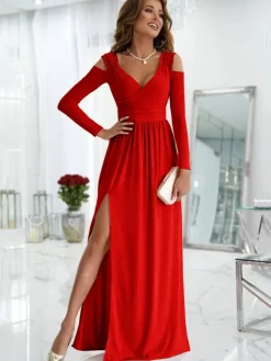 Maxi Dress V-Neck Cold Shoulder Layered Cut Out Sexy Slit Prom Dress