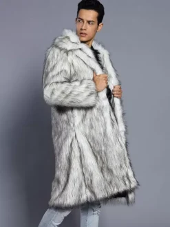 Maxi Men's Faux Fur Coat Long-Sleeved Light Gray Jacket with Turn-Down Collar
