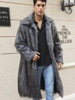 Maxi Men's Faux Fur Coat Long-Sleeved Light Gray Jacket with Turn-Down Collar