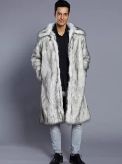 Maxi Men's Faux Fur Coat Long-Sleeved Light Gray Jacket with Turn-Down Collar