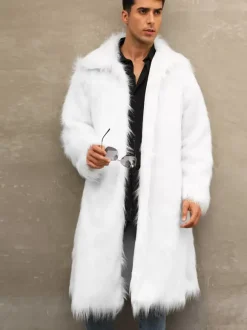 Maxi Men's Faux Fur Coat Long-Sleeved Light Gray Jacket with Turn-Down Collar