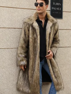 Maxi Men's Faux Fur Coat Long-Sleeved Light Gray Jacket with Turn-Down Collar