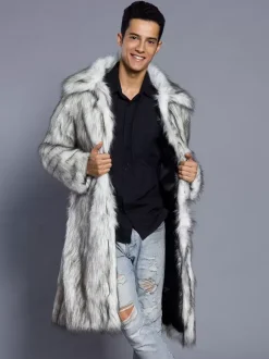 Maxi Men's Faux Fur Coat Long-Sleeved Light Gray Jacket with Turn-Down Collar