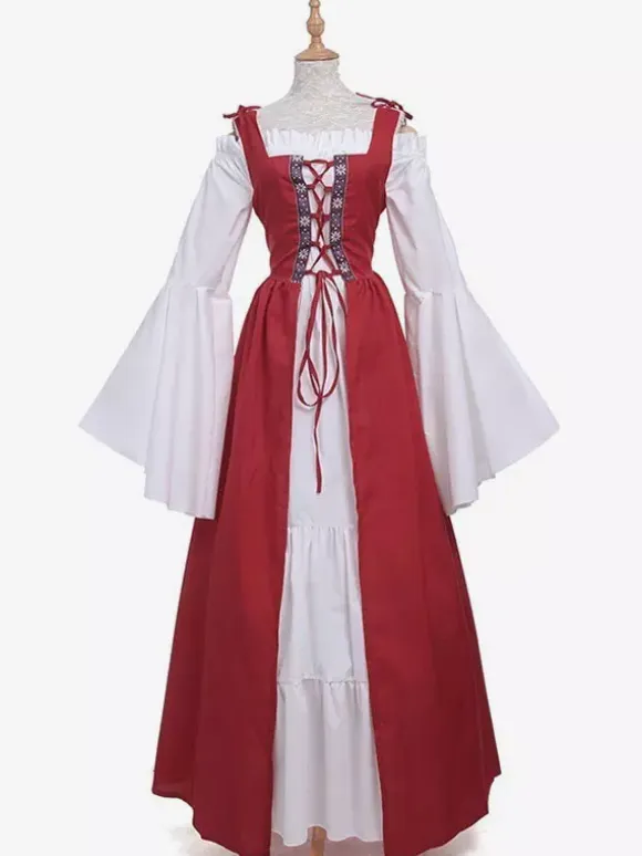 Medieval Vintage Dress Green Layered Long Sleeves Swing Dress Cosplay Costume Carnival Burgundy