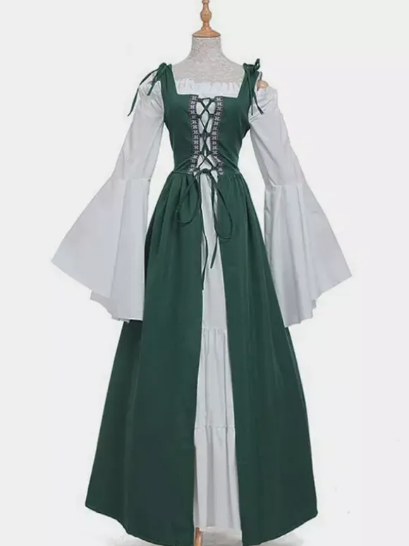 Medieval Vintage Dress Green Layered Long Sleeves Swing Dress Cosplay Costume Carnival Burgundy