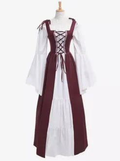 Medieval Vintage Dress Green Layered Long Sleeves Swing Dress Cosplay Costume Carnival Burgundy