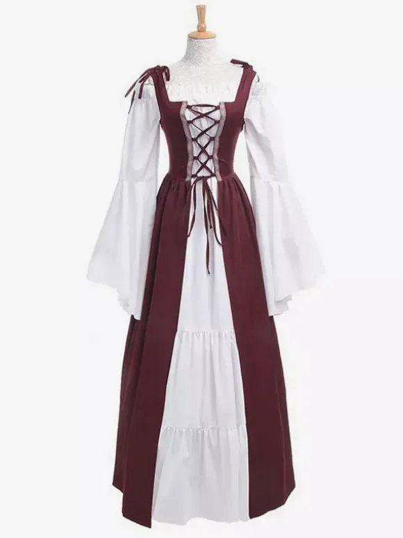 Medieval Vintage Dress Green Layered Long Sleeves Swing Dress Cosplay Costume Carnival Burgundy