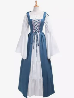 Medieval Vintage Dress Green Layered Long Sleeves Swing Dress Cosplay Costume Carnival Burgundy