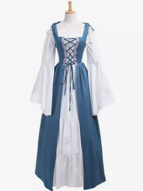 Medieval Vintage Dress Green Layered Long Sleeves Swing Dress Cosplay Costume Carnival Burgundy