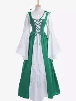 Medieval Vintage Dress Green Layered Long Sleeves Swing Dress Cosplay Costume Carnival Burgundy