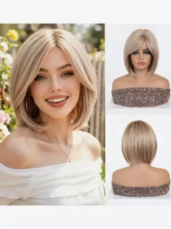 Medium Bob Synthetic Wig Side Bang Ombre Highlight Heat Resistant Hair Wig