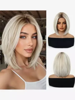 Medium Bob Synthetic Wig Side Bang Ombre Highlight Heat Resistant Hair Wig