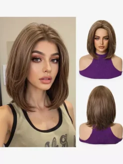 Medium Bob Synthetic Wig Side Bang Ombre Highlight Heat Resistant Hair Wig