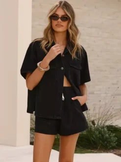 Medium Washed Denim 2 Piece Set For Women - Drawstring Shorts With Button Up Shirt - Summer Casual Vacation Outfits 2026