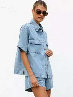 Medium Washed Denim 2 Piece Set For Women - Drawstring Shorts With Button Up Shirt - Summer Casual Vacation Outfits 2026